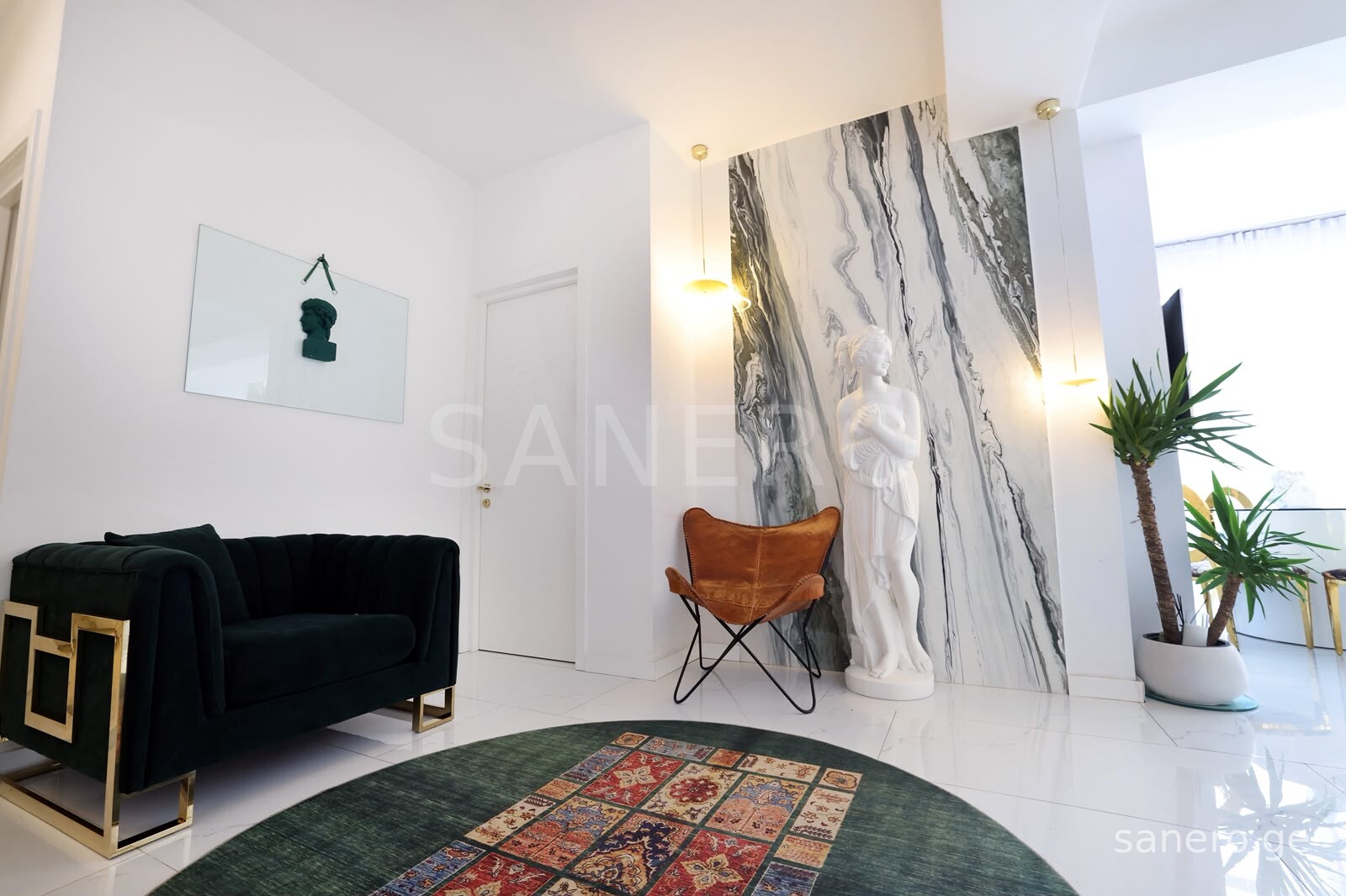 Living room with marble accent wall
