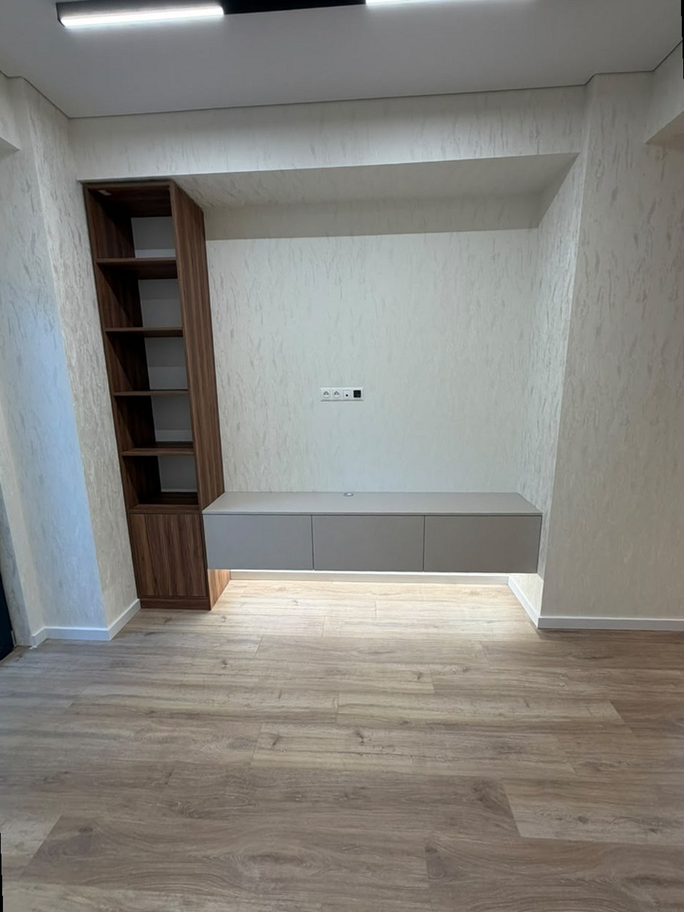 Living room with built-in shelving and TV console