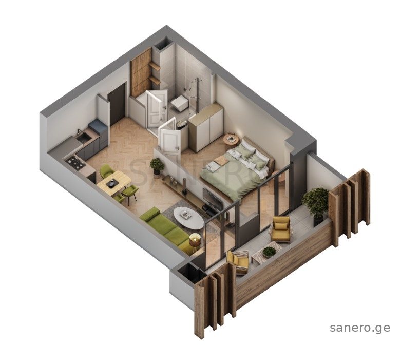 3D layout of the apartment (furniture is illustrative)