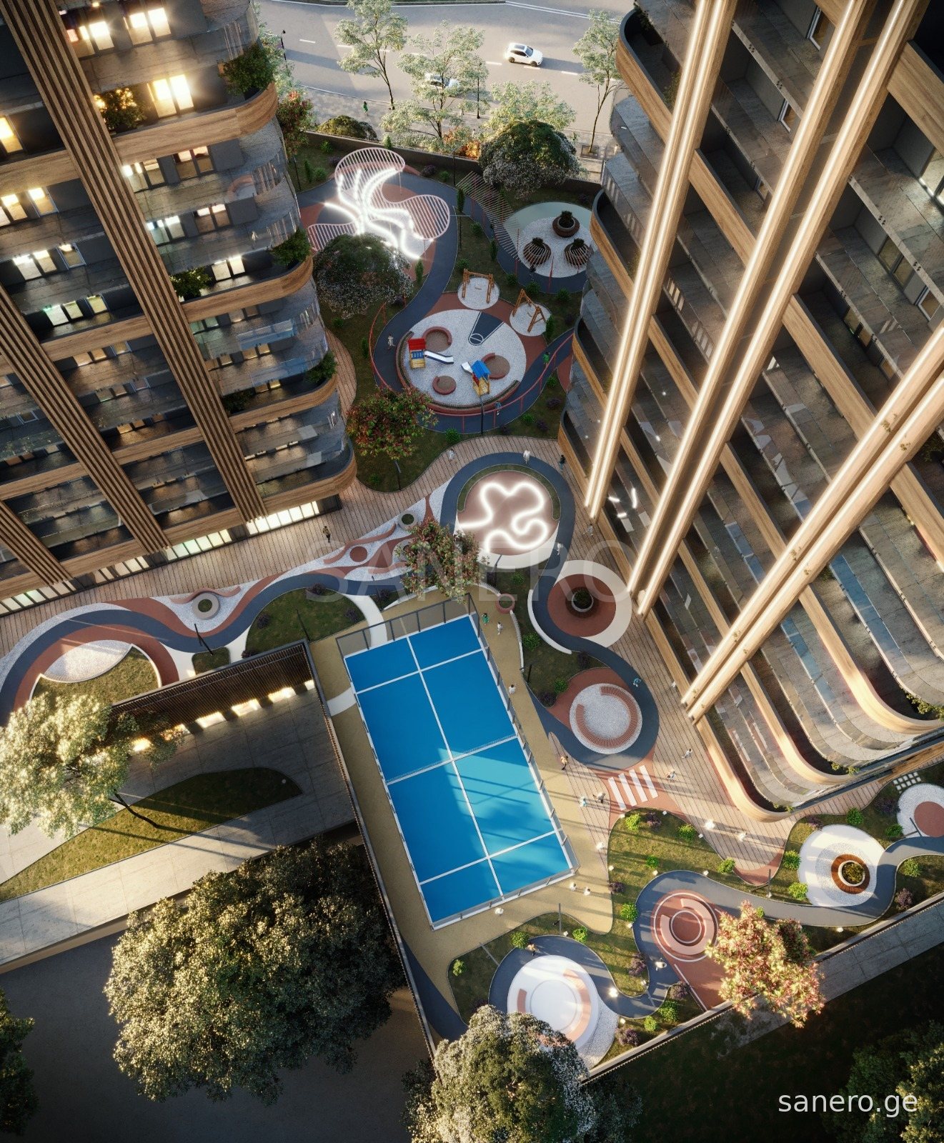 Courtyard with playground and sports court, view from above (developer rendering)