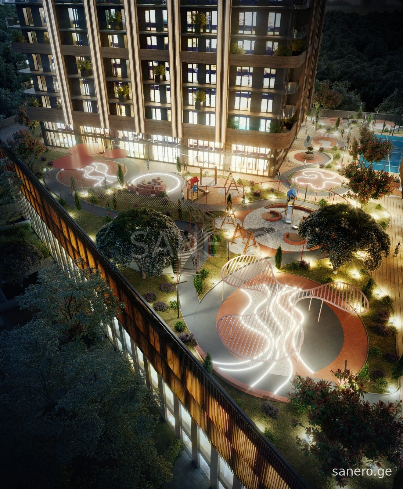 Landscaped courtyard with lighting at night (developer rendering)