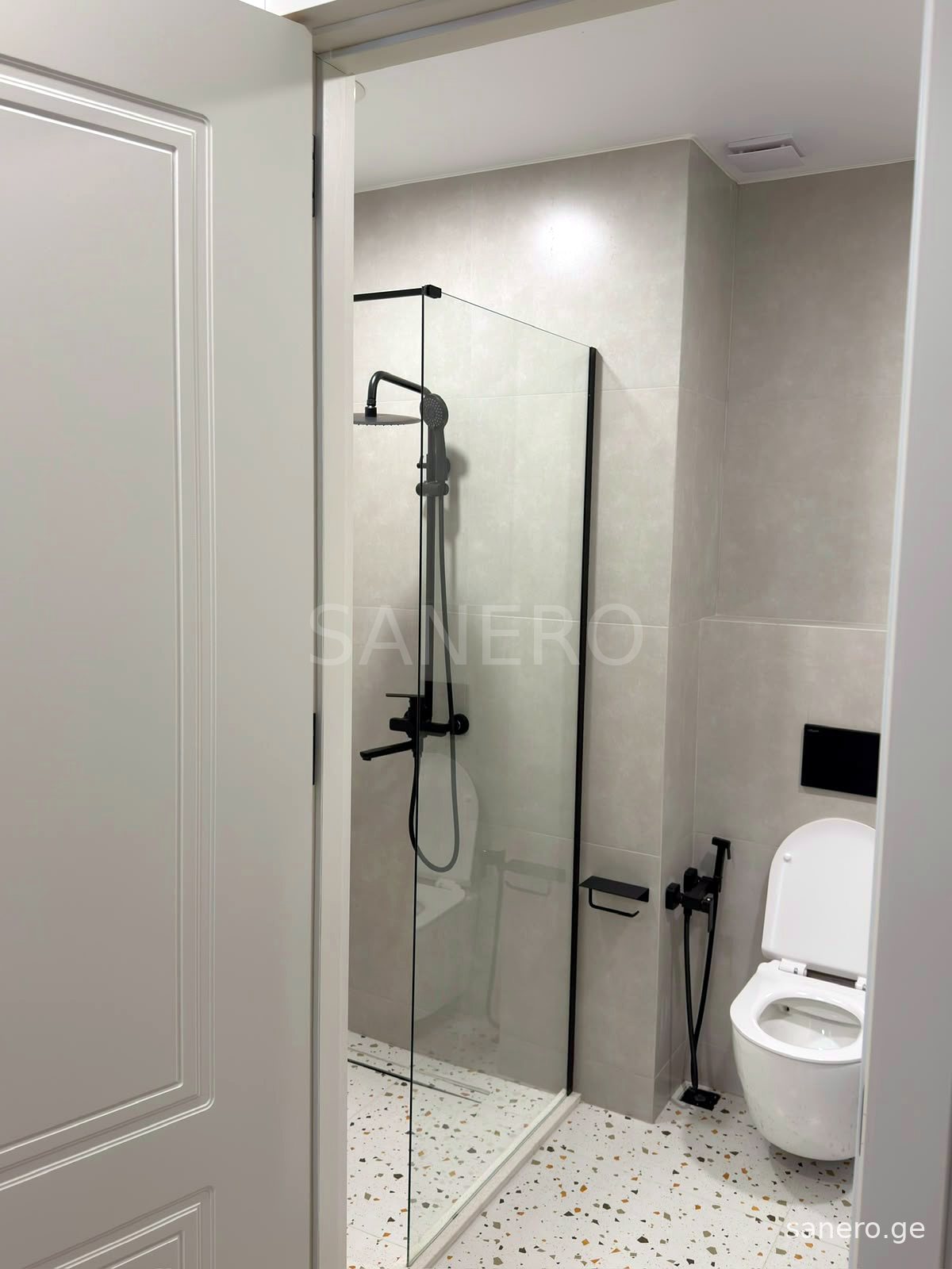 Walk-in shower with glass partition
